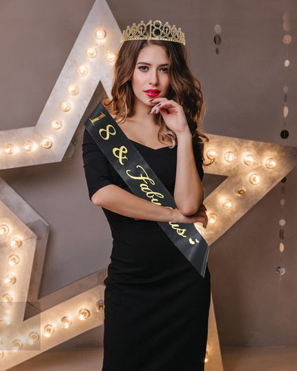 2 Piese pentru Majorat,Coronita Printesa Gold si Panglica 18&Fabulous