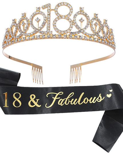2 Piese pentru Majorat,Coronita Printesa Gold si Panglica 18&Fabulous