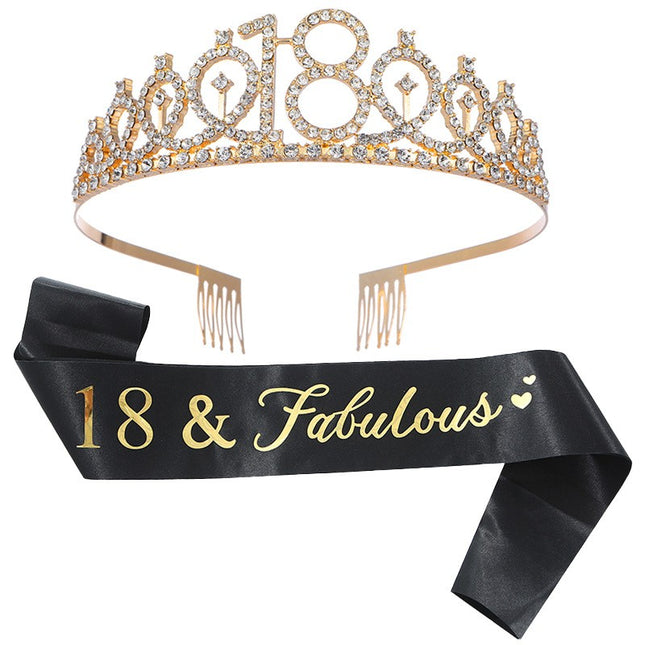 2 Piese pentru Majorat,Coronita Printesa Gold si Panglica 18&Fabulous