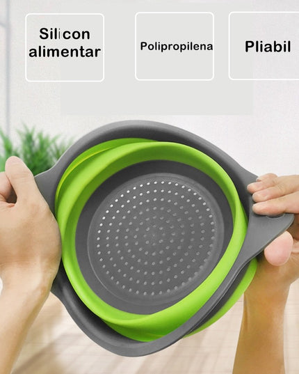 2 strecuratori pliabile din silicon alimentar cu manere, fund antiaderent si antialunecare, rotunda, doua dimensiuni, usor de depozitat, compatibil cu masina de spalat vase