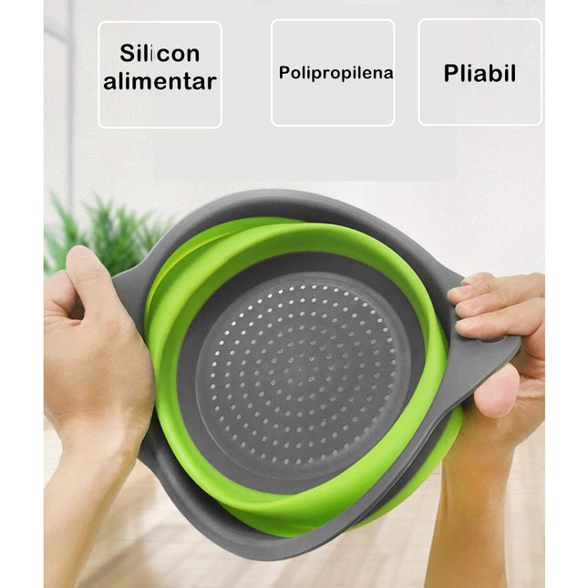 2 strecuratori pliabile din silicon alimentar cu manere, fund antiaderent si antialunecare, rotunda, doua dimensiuni, usor de depozitat, compatibil cu masina de spalat vase