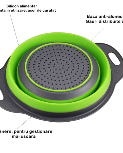 2 strecuratori pliabile din silicon alimentar cu manere, fund antiaderent si antialunecare, rotunda, doua dimensiuni, usor de depozitat, compatibil cu masina de spalat vase