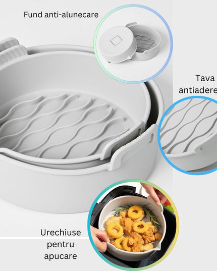 2 tavi din silicon ecologic pentru air fryer temperatura maxima 230 grade, reutilizabile, reciclabile, cu manere anti-alunecare, fund antiaderent