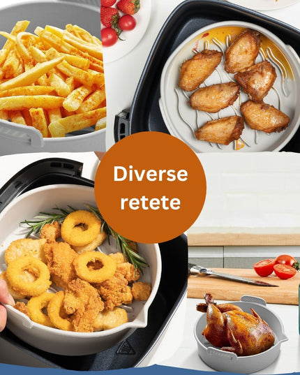 2 tavi din silicon ecologic pentru air fryer temperatura maxima 230 grade, reutilizabile, reciclabile, cu manere anti-alunecare, fund antiaderent