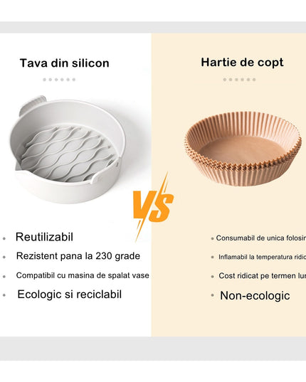 2 tavi din silicon ecologic pentru air fryer temperatura maxima 230 grade, reutilizabile, reciclabile, cu manere anti-alunecare, fund antiaderent
