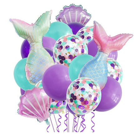 Baloane decorative Aqua Sirene, Set MIX 22 baloane, din folie de alumiu, 2 Sirene, 2 Scoici, 18 baloane din latex, 50 x 85 cm Adeziv si pai inclus