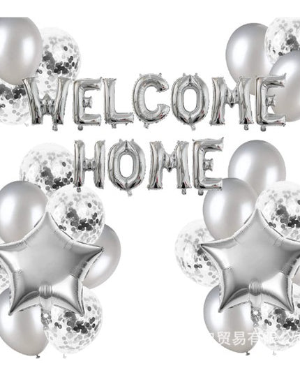 Set baloane folie si latex, WELCOME HOME, 22 de piese, 20 baloane latex, 2 baloane stea Folie, 1 set Welcome Home