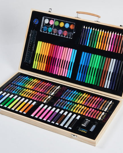 Set 220 Piese pentru Desen si Pictura, Tip Servieta din Lemn, Model Natur, 48 x 30 x 5 cm