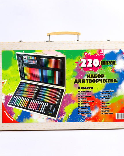 Set 220 Piese pentru Desen si Pictura, Tip Servieta din Lemn, Model Natur, 48 x 30 x 5 cm