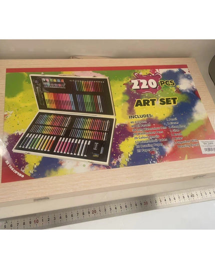 Set 220 Piese pentru Desen si Pictura, Tip Servieta din Lemn, Model Natur, 48 x 30 x 5 cm