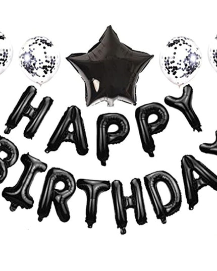 Set 25 de Baloane din Folie Metalizata si Latex, Figurine 2 Stele, 4 Baloane Confetti, 13 Litere, 6 Latex, Model Happy Birthday, Tema Aniversare, 40 cm, Ambalaj Individual, Pai Inclus, Umflare cu Aer sau Heliu