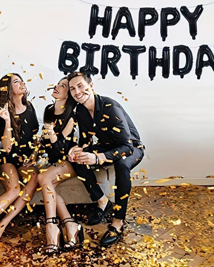 Set 25 de Baloane din Folie Metalizata si Latex, Figurine 2 Stele, 4 Baloane Confetti, 13 Litere, 6 Latex, Model Happy Birthday, Tema Aniversare, 40 cm, Ambalaj Individual, Pai Inclus, Umflare cu Aer sau Heliu