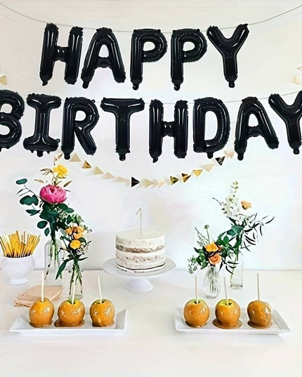 Set 25 de Baloane din Folie Metalizata si Latex, Figurine 2 Stele, 4 Baloane Confetti, 13 Litere, 6 Latex, Model Happy Birthday, Tema Aniversare, 40 cm, Ambalaj Individual, Pai Inclus, Umflare cu Aer sau Heliu