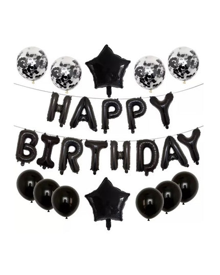 Set 25 de Baloane din Folie Metalizata si Latex, Figurine 2 Stele, 4 Baloane Confetti, 13 Litere, 6 Latex, Model Happy Birthday, Tema Aniversare, 40 cm, Ambalaj Individual, Pai Inclus, Umflare cu Aer sau Heliu