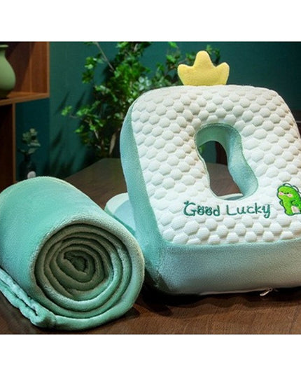 2in1 Patura Microfibra si Perna din Spuma, pentru Birou, Calatorii, Pauze, Model Dinozaur, Microfibra,