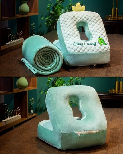 2in1 Patura Microfibra si Perna din Spuma, pentru Birou, Calatorii, Pauze, Model Dinozaur, Microfibra,