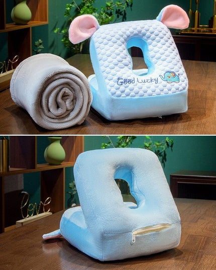 2in1 Patura Microfibra si Perna din Spuma, pentru Birou, Calatorii, Pauze, Model Elefant, Microfibra,