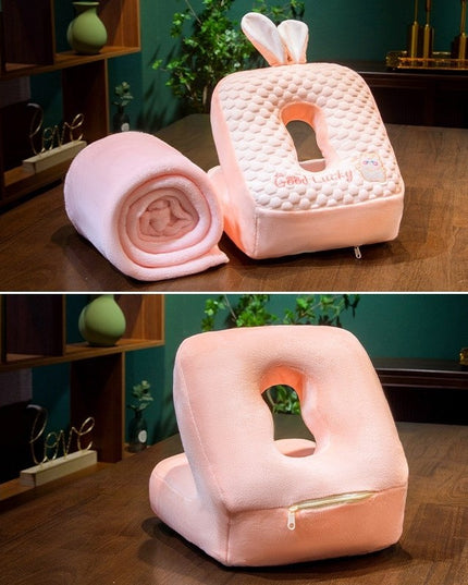 2in1 Patura Microfibra si Perna din Spuma, pentru Birou, Calatorii, Pauze, Model Iepuras, Microfibra,