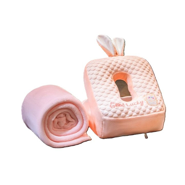 2in1 Patura Microfibra si Perna din Spuma, pentru Birou, Calatorii, Pauze, Model Iepuras, Microfibra,