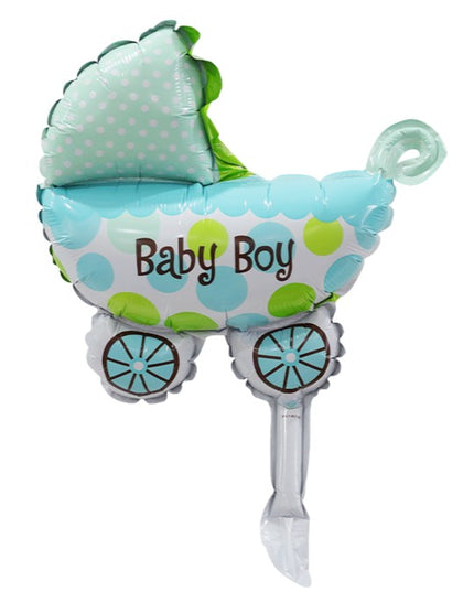 Set 3 Baloane din Folie Metalizata, Figurine Carucior, Inima, Fundita, Tema Botez, 45 cm, Ambalaj Individual, Pai Inclus, Umflare cu Aer sau Heliu