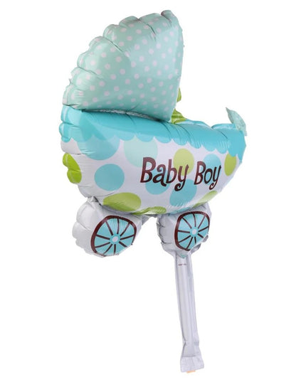 Set 3 Baloane din Folie Metalizata, Figurine Carucior, Inima, Fundita, Tema Botez, 45 cm, Ambalaj Individual, Pai Inclus, Umflare cu Aer sau Heliu
