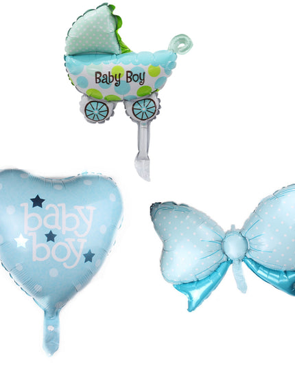 Set 3 Baloane din Folie Metalizata, Figurine Carucior, Inima, Fundita, Tema Botez, 45 cm, Ambalaj Individual, Pai Inclus, Umflare cu Aer sau Heliu