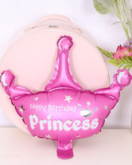 Set 3 Baloane din Folie Metalizata, Figurine Coroana si Stea, Model Aniversare, 40 cm, Ambalaj Individual, Pai Inclus, Umflare cu Aer sau