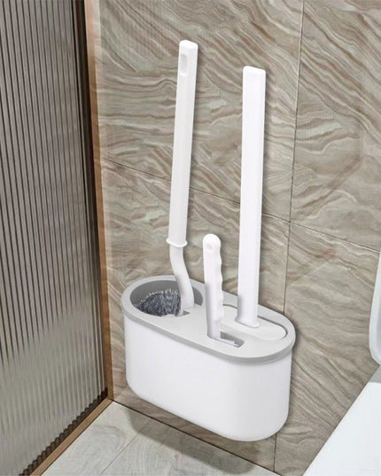 Set 3 Perii pentru Toaleta, din Silicon, Perie Zimtata, Cap Flexibil, Suport Adeziv pentru Montarea pe Perete, 39 x 19 x 9.8 cm, /
