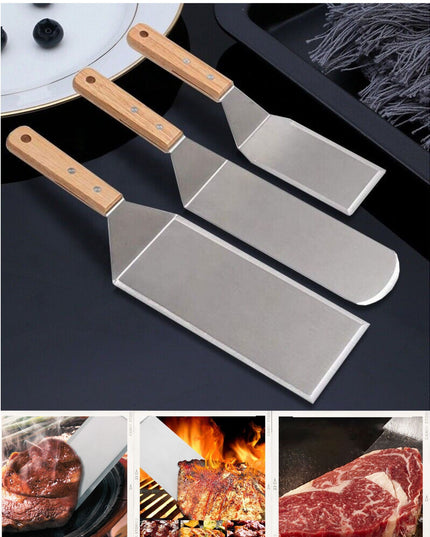 3 spatule pentru gratar din metal, margini subtiri, suprafata antiaderenta, rezistente la temperaturi ridicate, maner ergonomic din lemn, 3 forme, agatatoare