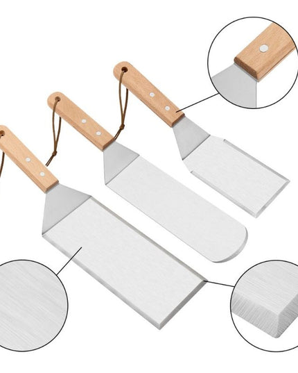 3 spatule pentru gratar din metal, margini subtiri, suprafata antiaderenta, rezistente la temperaturi ridicate, maner ergonomic din lemn, 3 forme, agatatoare
