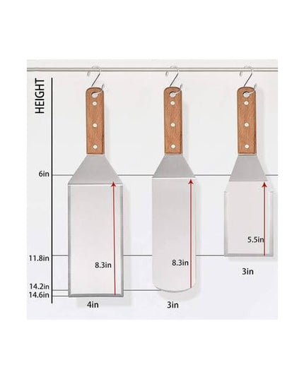 3 spatule pentru gratar din metal, margini subtiri, suprafata antiaderenta, rezistente la temperaturi ridicate, maner ergonomic din lemn, 3 forme, agatatoare