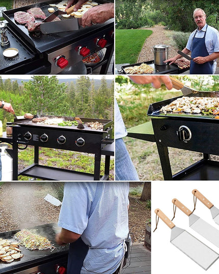 3 spatule pentru gratar din metal, margini subtiri, suprafata antiaderenta, rezistente la temperaturi ridicate, maner ergonomic din lemn, 3 forme, agatatoare