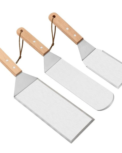 3 spatule pentru gratar din metal, margini subtiri, suprafata antiaderenta, rezistente la temperaturi ridicate, maner ergonomic din lemn, 3 forme, agatatoare