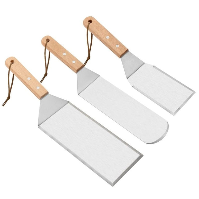 3 spatule pentru gratar din metal, margini subtiri, suprafata antiaderenta, rezistente la temperaturi ridicate, maner ergonomic din lemn, 3 forme, agatatoare
