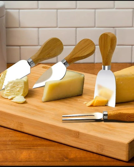 4 cutite pentru branza din otel inoxidabil, maner din lemn de salcam, pentru branza sau unt