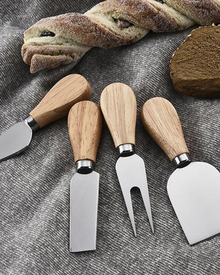 4 cutite pentru branza din otel inoxidabil, maner din lemn de salcam, pentru branza sau unt