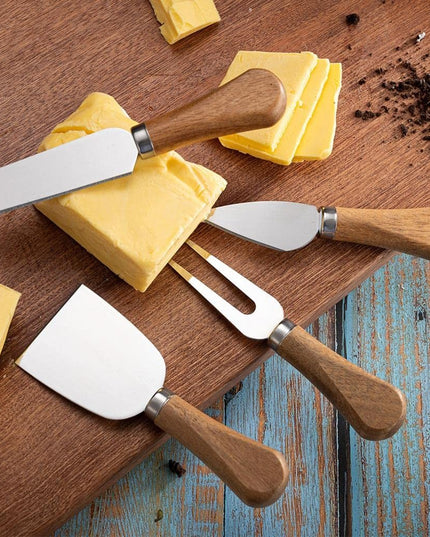 4 cutite pentru branza din otel inoxidabil, maner din lemn de salcam, pentru branza sau unt