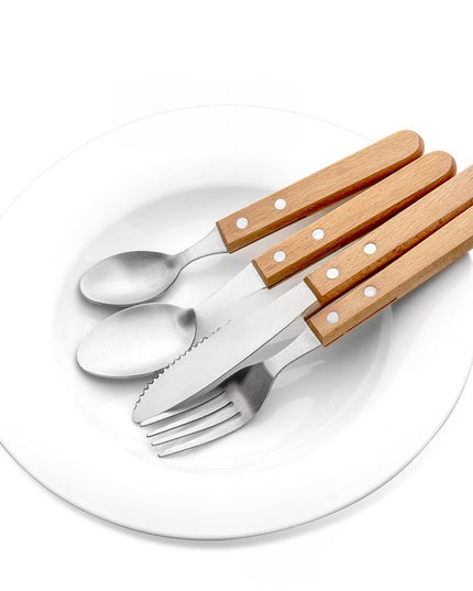 4 tacamuri pentru masa otel 304, lingura, lingurita desert, cutit, furculita, maner din lemn de fag