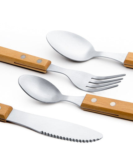 4 tacamuri pentru masa otel 304, lingura, lingurita desert, cutit, furculita, maner din lemn de fag