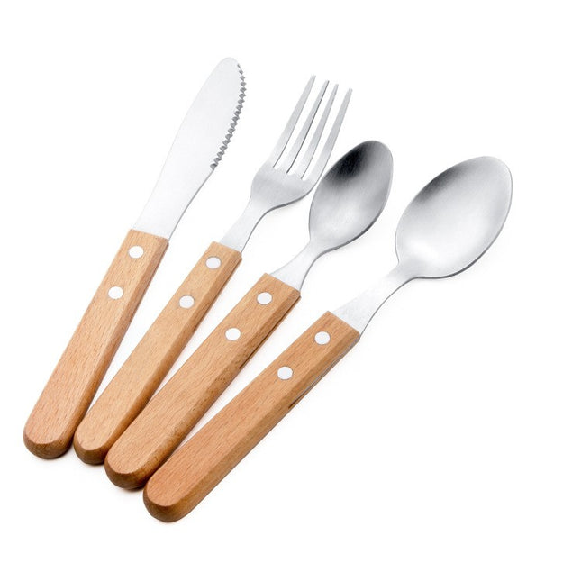4 tacamuri pentru masa otel 304, lingura, lingurita desert, cutit, furculita, maner din lemn de fag