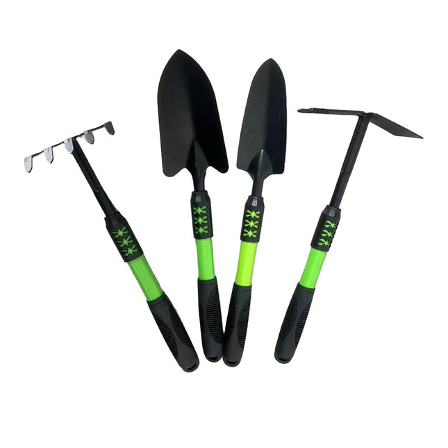 Set 4 Unelte de Gradina pentru Plantare, Prelucrare Sol si Ingrijire Plante, Material PVC Carbon, Grebla, Sapaliga cu Cap Dublu, Lopata Mica, Lopata Lata, 43 x 11 cm, /