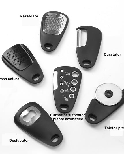 1 mini ustensile bucatarie taietor pizza, cutit, curatator, razatoare, desfacator, presa usturoi, manere din ABS, lame ascutite din otel inoxidabil
