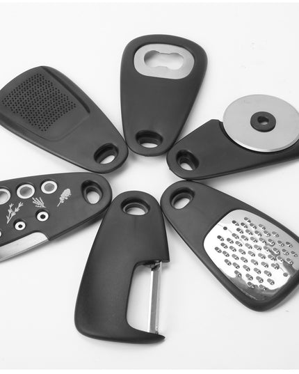 1 mini ustensile bucatarie taietor pizza, cutit, curatator, razatoare, desfacator, presa usturoi, manere din ABS, lame ascutite din otel inoxidabil