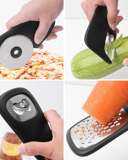 1 mini ustensile bucatarie taietor pizza, cutit, curatator, razatoare, desfacator, presa usturoi, manere din ABS, lame ascutite din otel inoxidabil
