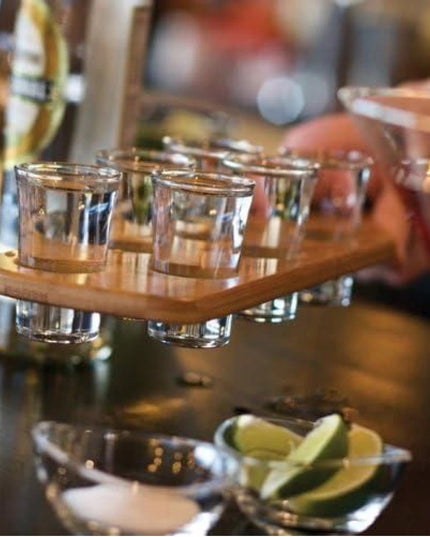 Pahare Shot din Sticla, 6 pahare pentru Shot cu Suport din Lemn, Design Rustic,Model 2