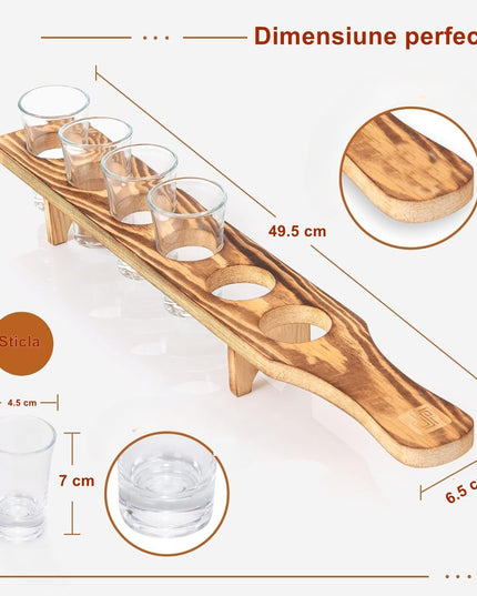 6 Pahare Shot din Sticla cu Suport din Lemn, Design Rustic
