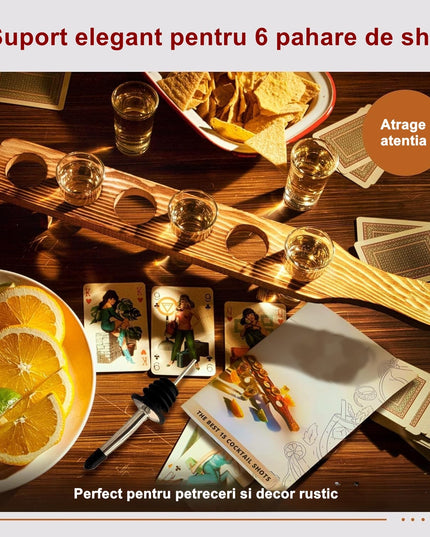 6 Pahare Shot din Sticla cu Suport din Lemn, Design Rustic