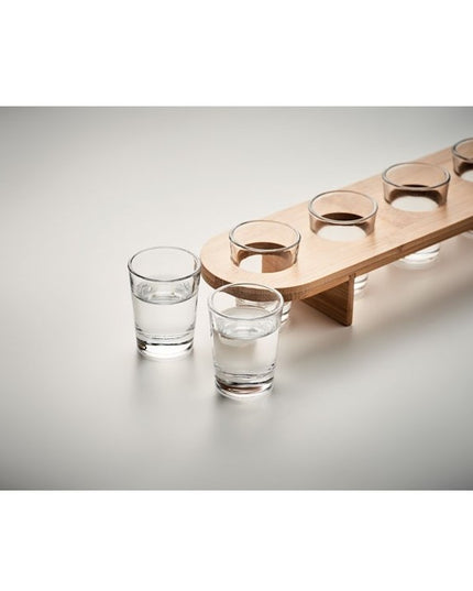 6 Pahare Shot din Sticla cu Suport din Lemn, Design Rustic