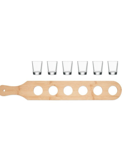 6 Pahare Shot din Sticla cu Suport din Lemn, Design Rustic