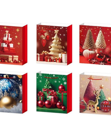 6 Pungi Cadou, Imprimeu Tematica Brad de Craciun, Model Random, din Hartie, Impachetare Usoara a Cadourilor